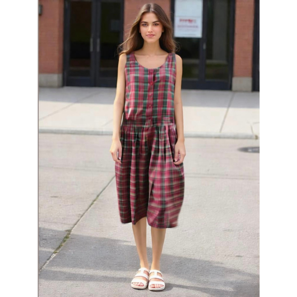 Fritzi Women's Plaid Dress Pockets Med Round Neck Red Green Cottagecore Babydoll